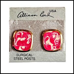 Vintage ALLISON REED Paint Pink White Swirl Rectangular PIERCED EARRINGS